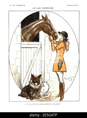 Illustrazione di donna, cavallo e cane dalla rivista la vie Parisienne, 1919 Foto Stock