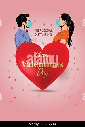 felice giorno di san valentino poster cuore rosso con coppia indossare maschera viso. covid-19, coronavirus concetto. disegno vettoriale illustrazione Illustrazione Vettoriale
