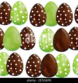 Acquerello senza cuciture motivo disegnato a mano Happy uova di pasqua di colore marrone cioccolato verde con ornamento a pois di polka. Simboli religiosi cristiani colorati per le carte invito design celebrazione decorazione Foto Stock