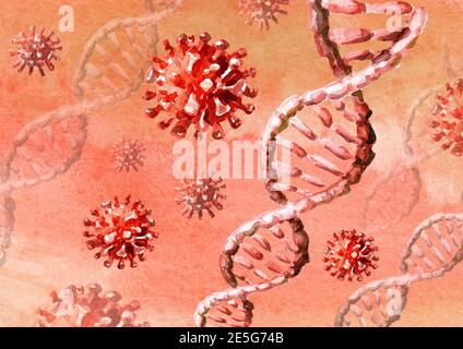 Concetto di rischio pandemico, virus corona pericoloso, dna. Malattia del coronavirus infezione COVID 19. Cellule patogene del virus dell'influenza respiratoria. Wa. Disegnata a mano Foto Stock