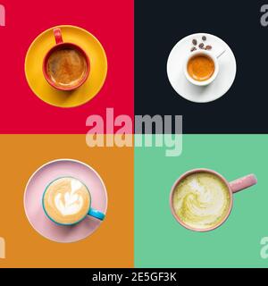 Panetteria e caffè diversi tipi di prodotti da caffè con bianco sfondo Foto Stock