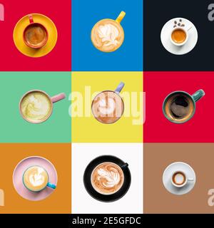 Panetteria e caffè diversi tipi di prodotti da caffè con bianco sfondo Foto Stock