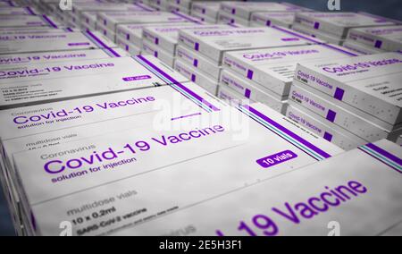 Produzione di confezioni di vaccino Covid-19. Preparazione, imballaggio e spedizione della vaccinazione con coronavirus sars-COV-2. Una scatola per siringhe con dosi. Conc. Astratto Foto Stock