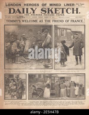 1917 Daily Sketch i villaggi francesi accolgono le truppe britanniche Foto Stock