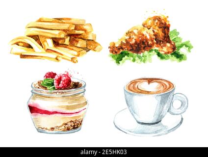 Set per fast food. Tazza di caffè, pollo fritto, patate a bastoncino alla francese, dessert. Immagine disegnata a mano con acquerello, isolata su sfondo bianco Foto Stock