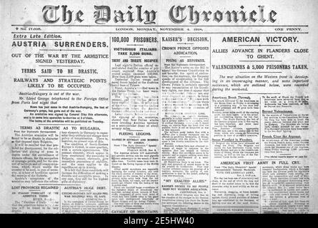 1918 Daily Chronicle prima pagina Austria arrende Foto Stock