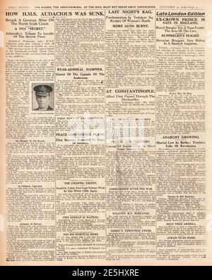 1918 Daily Sketch pagina 3 affondamento di HMS audacious Foto Stock