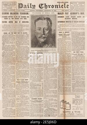 1918 Daily Chronicle prima pagina Bolscevik terrore in Russia Foto Stock