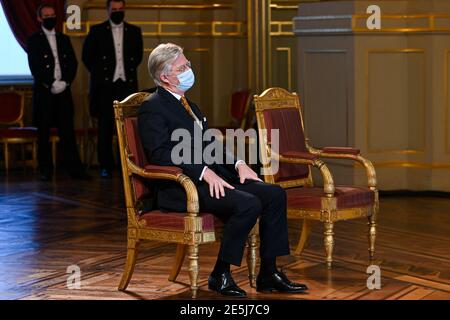 Re Philippe - Filip del Belgio raffigurato durante un ricevimento di Capodanno organizzato dalla Famiglia reale per le autorità belghe, al Palazzo reale Foto Stock