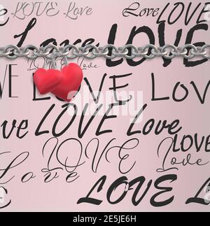 Due cuori collegati appesi a catena su sfondo rosa con l'amore del testo. Carta di San Valentino, design d'amore, concetto di coppia. Rendering 3D Foto Stock
