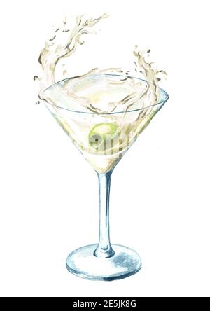 Bicchiere Martini con olive e spruzzi. Immagine disegnata a mano con acquerello isolata su sfondo bianco Foto Stock