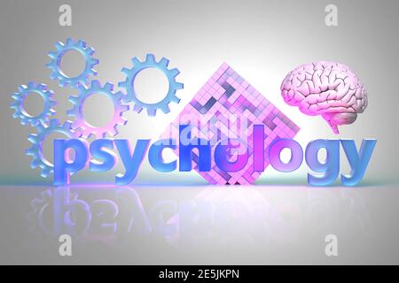La parola Psicologia e ingranaggi il labirinto, e il cervello umano, presentato qui come un concetto relativo a questa scienza, illustrazione 3d Foto Stock