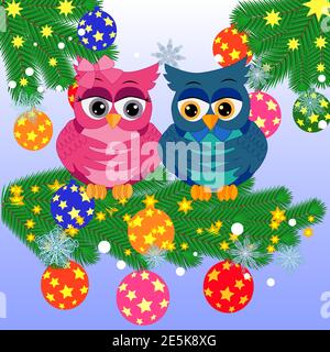 Due carine gufi disegnati si siedono su un ramo in una neve. Illustrazione Vettoriale