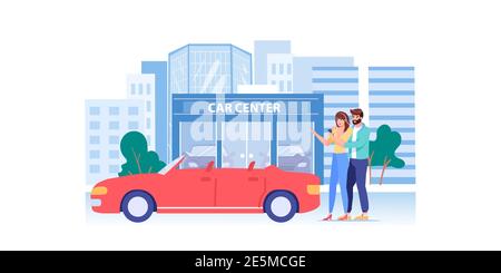 I personaggi della famiglia dei cartoni animati flat comprano o noleggiano auto, concetto di illustrazione vettoriale Illustrazione Vettoriale