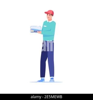 Cartoon piatto carattere corriere Carry online buys, vettore servizio di consegna ordine concetto di illustrazione Illustrazione Vettoriale