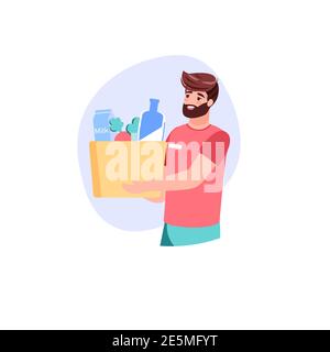 Cartoon piatto carattere corriere Carry online buys, vettore servizio di consegna ordine concetto di illustrazione Illustrazione Vettoriale