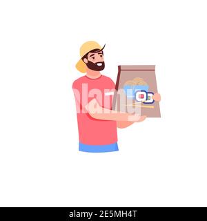 Cartoon piatto carattere corriere Carry online buys, vettore servizio di consegna ordine concetto di illustrazione Illustrazione Vettoriale