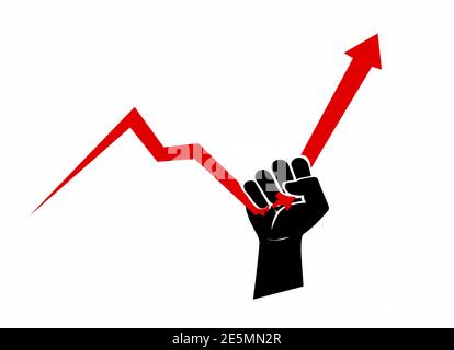 La mano di una persona che infrange un mercato azionario e un grafico finanziario e la costringe a tendenza verso l'alto. Risultati positivi, crescita finanziaria e rendimento positivo. Illustrazione Vettoriale