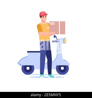 Cartoon piatto carattere corriere Carry online buys, vettore servizio di consegna ordine concetto di illustrazione Illustrazione Vettoriale