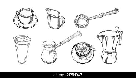 Il set per il caffè consente di preparare tazze, pentole e macchina per il caffè. Grande set di accessori per caffè per cappuccino o caffè americano. Illustrazione vettoriale Illustrazione Vettoriale