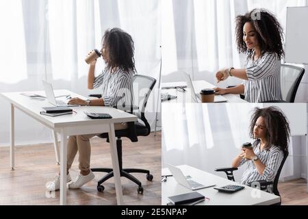 collage di freelance afroamericano che tiene la tazza di carta, bere il caffè da andare e guardare vicino al computer portatile sulla scrivania Foto Stock