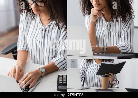 collage di freelance afroamericano che scrivono sul portatile e tiene notebook mentre si lavora da casa Foto Stock