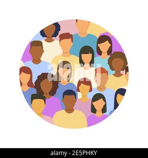 Gruppo multiculturale diversificato di persone in piedi insieme in forma rotonda. La diversità sociale umana folla illustrazione vettore. Illustrazione Vettoriale