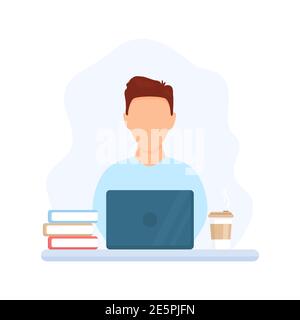 Freelance o uomo d'affari che lavora su un computer portatile. Area business. Illustrazione vettoriale del lavoro a casa isolata in bianco. Concetto freelance Illustrazione Vettoriale