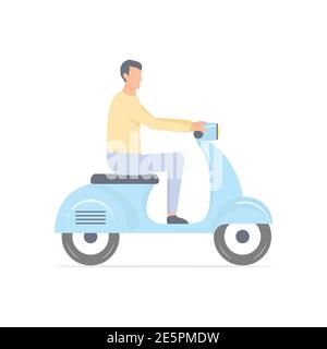 Giovane uomo carino su scooter. Personaggio di Cartoon Guy che cavalcano su scooter blu. Concetto di stile di vita sano. Illustrazione vettoriale isolata in bianco Illustrazione Vettoriale