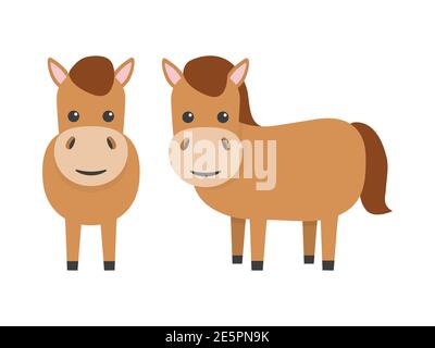 Set di caratteri piatti cavalli. Animali da fattoria carini. Immagine vettoriale cartoon isolata su bianco Illustrazione Vettoriale