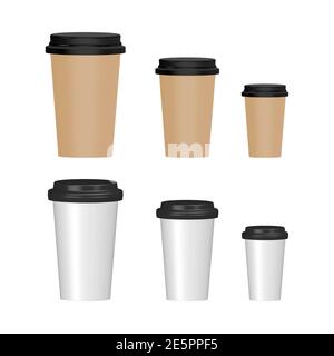 Set di icone 3D per la tazza da caffè. Vetro mockup di carta o plastica. Raccolta tazze di diverse dimensioni. Illustrazione vettoriale isolata in bianco. Illustrazione Vettoriale