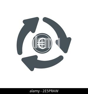 Icona del flusso di cassa. Riciclare il simbolo della moneta in euro. Segno di denaro e frecce. Vettore isolato su bianco. Illustrazione Vettoriale