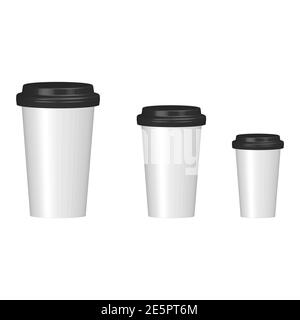 Set di icone 3D per la tazza da caffè. Vetro mockup di carta o plastica. Raccolta tazze di diverse dimensioni. Illustrazione vettoriale isolata in bianco. Illustrazione Vettoriale