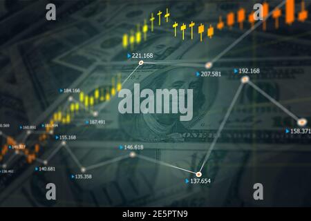 Doppia esposizione del grafico del mercato azionario e della fattura del dollaro. Investimento di affari e concetto di commercio. Foto Stock