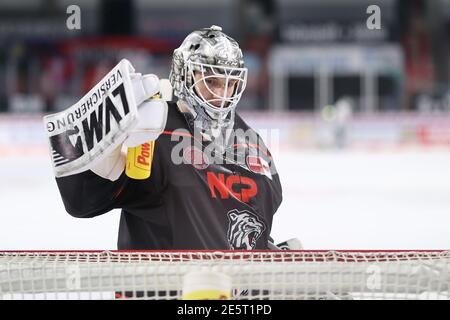 Norimberga, Germania. 26 gennaio 2021. Hockey su ghiaccio: DEL, Nürnberg Ice Tigers - Augsburg Panthers, Main Round, Matchday 12, all'Arena Nürnberger Versicherung. Niklas Treutle di Norimberga. Credit: Daniel Karmann/dpa/Alamy Live News Foto Stock