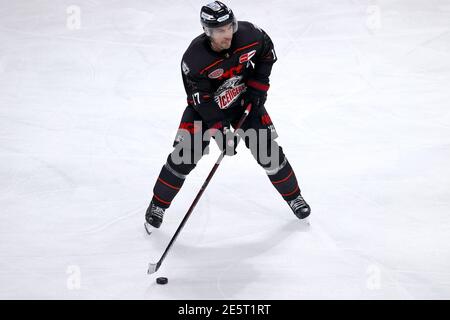 Norimberga, Germania. 26 gennaio 2021. Hockey su ghiaccio: DEL, Nürnberg Ice Tigers - Augsburg Panthers, Main Round, Matchday 12, all'Arena Nürnberger Versicherung. Patrick Reimer di Norimberga suona il disco. Credit: Daniel Karmann/dpa/Alamy Live News Foto Stock