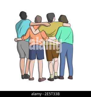 vista posteriore di lunghezza completa quattro persone con colori colorati isolati su sfondo bianco illustrazione vettore. Illustrazione Vettoriale