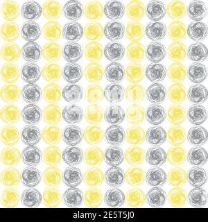 Sfondo del motivo senza giunture del vettore del cerchio della linea di inchiostro tracciata. L'alternanza di righe verticali del tratto di pennello fa ruotare lo sfondo grigio giallo. Geometrico denso Illustrazione Vettoriale