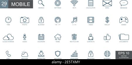 Ampio set concettuale di 29 icone sul tema di Mobile - illustrazione vettoriale Illustrazione Vettoriale