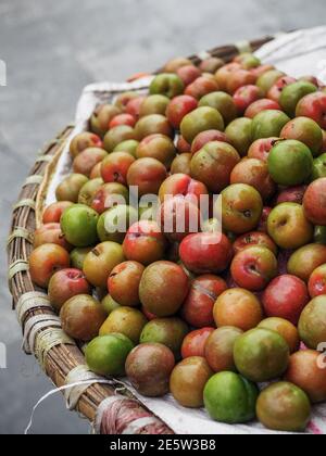 Cestino pieno di prugne fresche raccolte in via di Hanoi. Vietnam, marzo 2017. Foto Stock