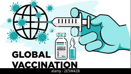 Medico mano in guanto con siringa inocula il pianeta Terra. Concetto di vaccinazione globale anti-coronavirus. Vettore su sfondo trasparente Illustrazione Vettoriale
