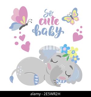 Elefante cartoon con iscrizione - così cute bambino Illustrazione Vettoriale