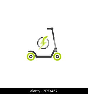 Scooter nero e verde o bici da bilanciamento con icona fulmine. Scooter piatto a spinta isolato su bianco. Illustrazione della carica vettoriale. Trasporto ecologico Illustrazione Vettoriale