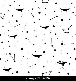 Motivo senza cuciture con balene nere nello spazio o nel cosmo. Swallows, stelle, costellazioni su sfondo bianco. Carta da parati creativa, buona per la stampa e. Illustrazione Vettoriale