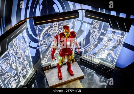 Madame Tussauds Iron Man. Supereroe americano di Marvel Universe Comics. Tuta meccanizzata di Armor Display. Manhattan, New York City, Stati Uniti Foto Stock