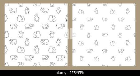 Set di due immagini con spazi diversi tra gli animali. Nero, bianco contorno ippopotamo ripetizione modello per libro da colorare. L'ippopotamo si alza, si siede, dà un abbraccio all'ippopotamo femminile, cammina, guarda da qualche parte Illustrazione Vettoriale