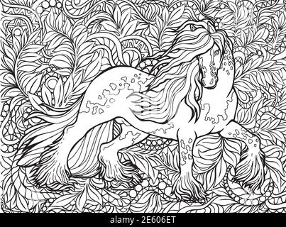 Unicorno e fiori. Animale magico. Grafica vettoriale. Bianco e nero, monocromatico. Pagine da colorare per adulti e bambini. Illustrazione Zentangle. BOH Illustrazione Vettoriale