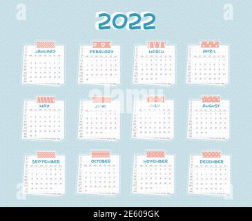 Calendario orizzontale 2022 da gennaio a dicembre. Ogni mese è su carta squadrata con punti, pezzo di giornale è in fondo, scotch rosa, co Illustrazione Vettoriale