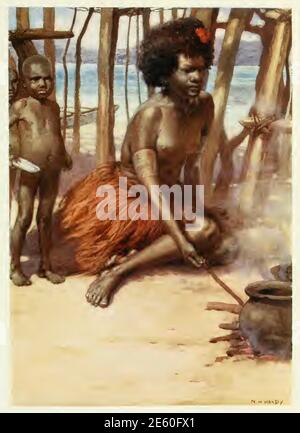 Norman Hardy pittura da inizio 1900s Melanesia - cucinare il pasto Foto Stock