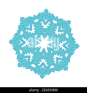 Il fiocco di neve di carta blu giace su sfondo bianco. Tagliare la carta Illustrazione Vettoriale